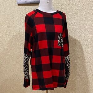 Buffalo Plaid Long Sleeve Top with Leopard Accents
